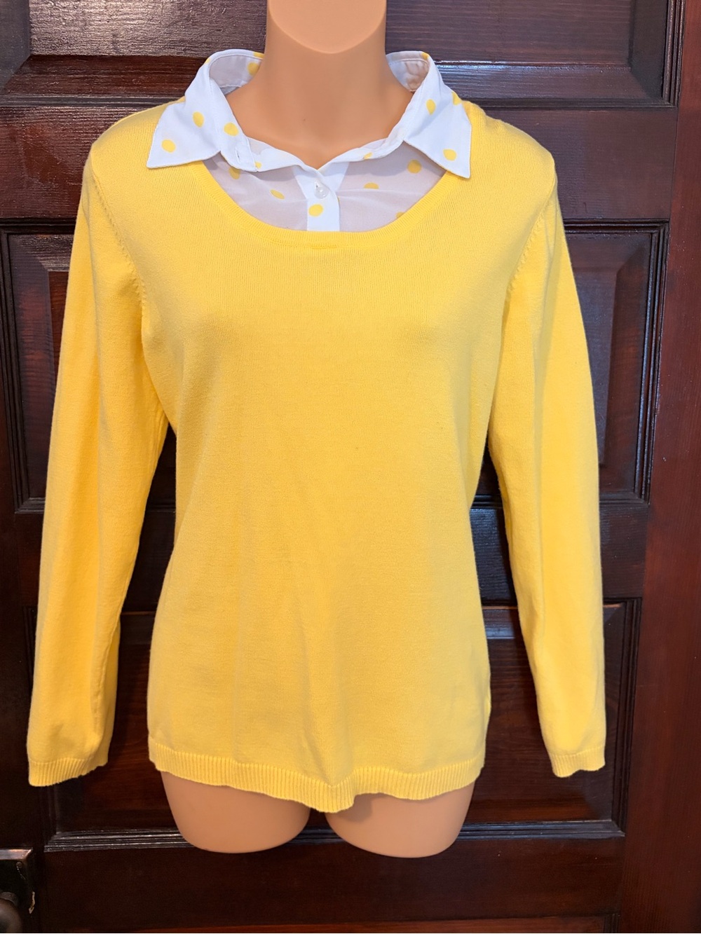 Kim Rogers Yellow Layered-Look Sweater with Polka Dot Collar